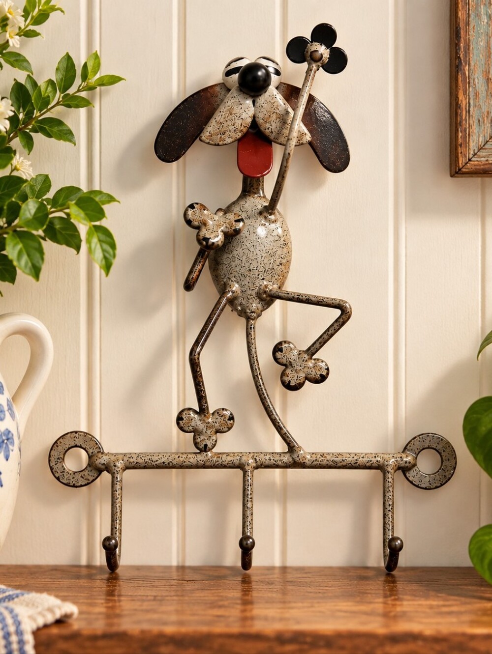 Whimsical Vintage Enamel Dog Wall Rack • 3 Hook • Dog Lover Decor